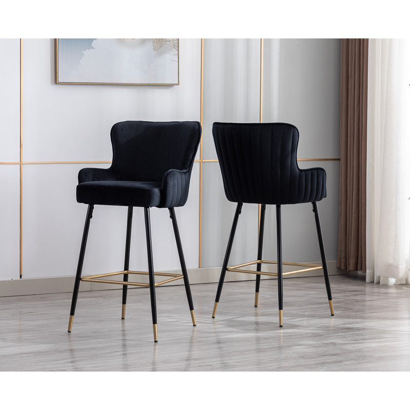 Semire Upholstered Full Back Bar & Counter Stool with Square Armrests and Metal Footrest, Luxury Bar Stool for Living Room