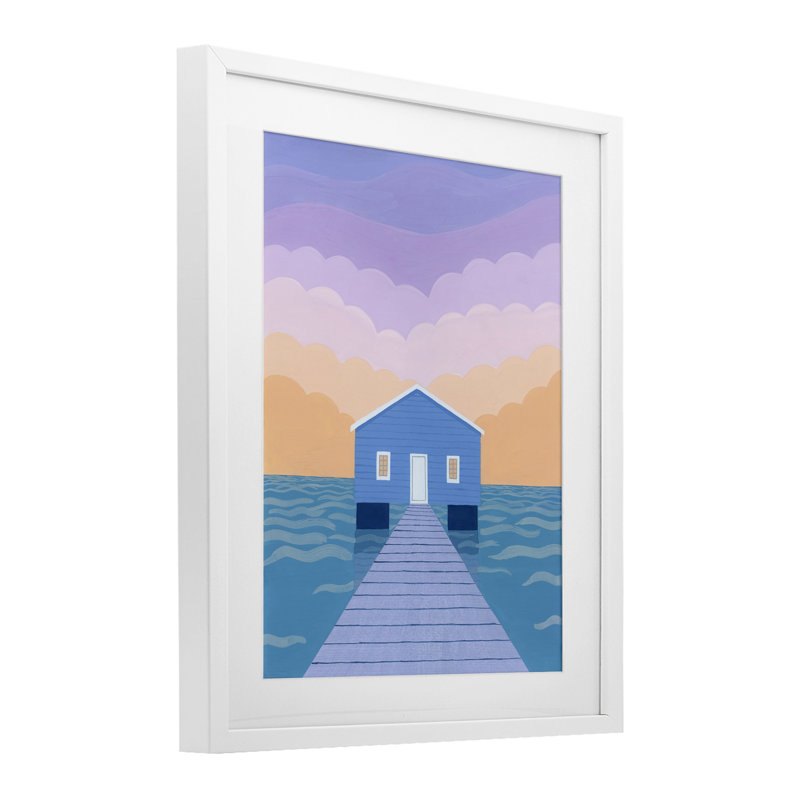 «Blue Boat Shed Sunrise», reproduction sous verre encadrée, par Courtney Haley, H 16 po x l 13 po, Cadre blanc côtier