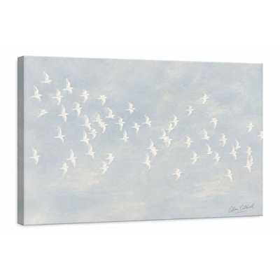 Art mural blanc, oiseaux blancs en vol, peinture d'oiseaux côtiers bleu-gris doux, décoration sur toile tendue Bayland