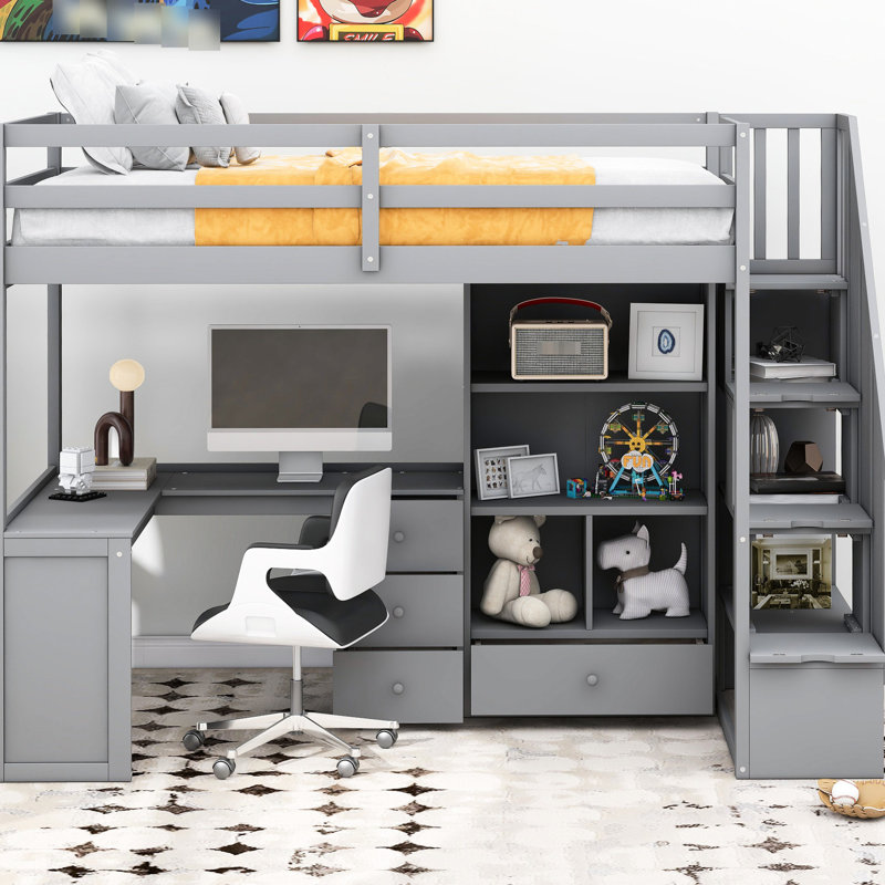 Lit mezzanine simple gris avec bureau en L, tiroirs et armoire d'escalier applaudie, -, Gris
