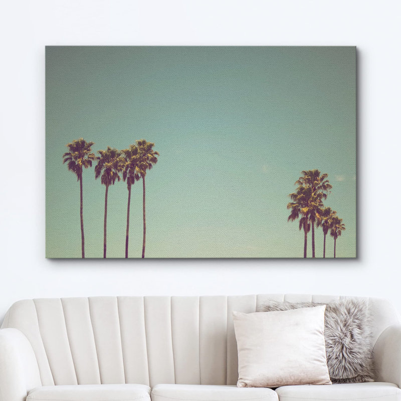 "Palmiers de style rétro et plantes ciel bleu sarcelle" sur toile, H 16 po x l 24 po
