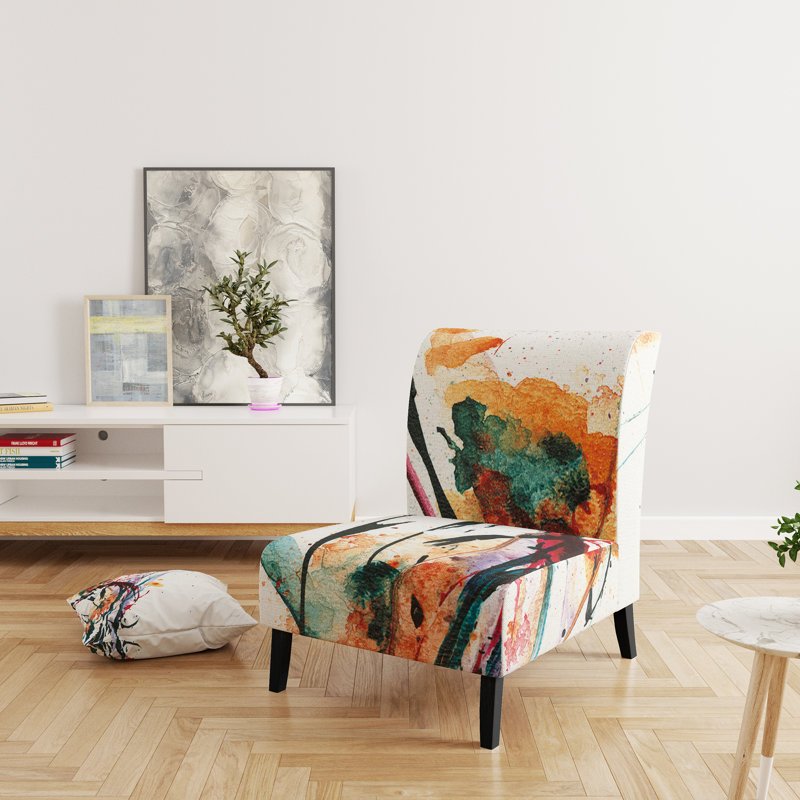 Abstract Flowers - Traditional Upholstered Slipper Chair, Orange/Dark Green/Ivory