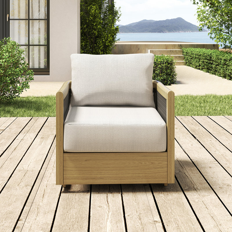 Bludov 1-Piece Natural Wood Grain Aluminum Hand-Woven Rope Patio Sofa Chair With Beige Cushions