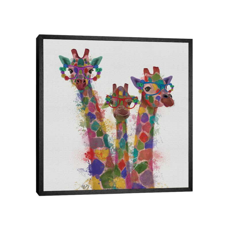 Rainbow Splash Giraffe Trio by Splash Giraffe Trio - Wrapped Canvas Print, Black Framed, 30.48 cm H x 30.48 cm W
