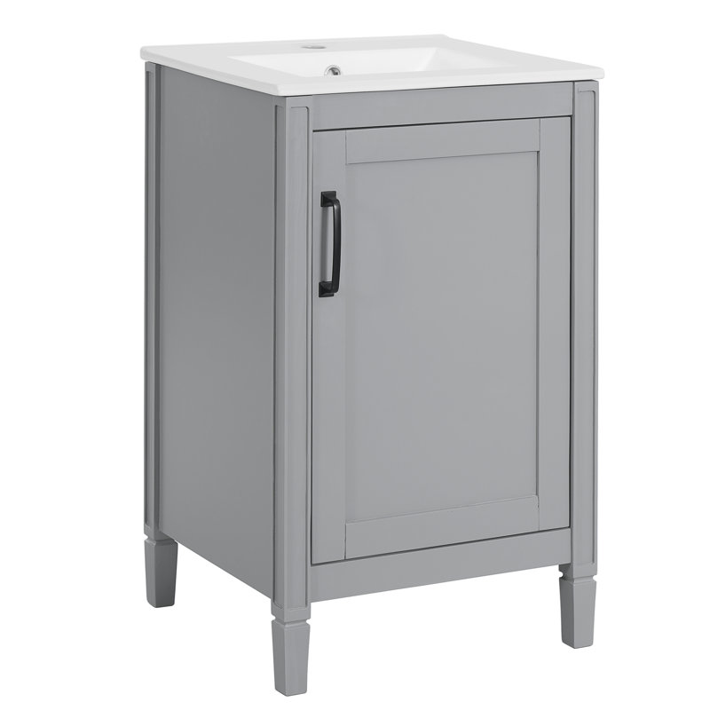 Meuble-lavabo de 20 po en gris, équipé d'un lavabo en céramique, d'une porte à fermeture en douceur, de deux tablettes sur la porte et d'un rangement en forme de U pour les petites salles de bain compactes.