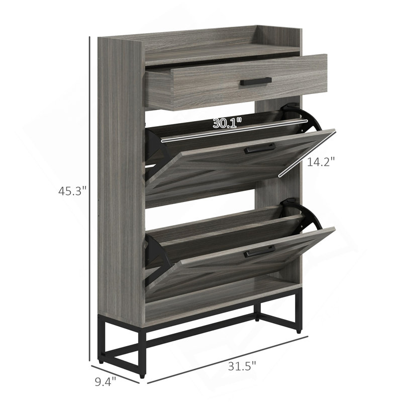 HOMCOM Narrow Shoe Cabinet, Industrial Shoe Storage Cabinet With 2 Flip Drawers, Adjustable Shelves, And Top Drawer, Entryway Hidden Shoe Storage For 12 Pairs Of Shoes, Distressed Gray