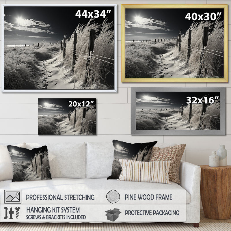 Horizon de plage noir et blanc - art mural grande plage côtière, H 16 po x l 32 po x P 1 po, Cadre noir