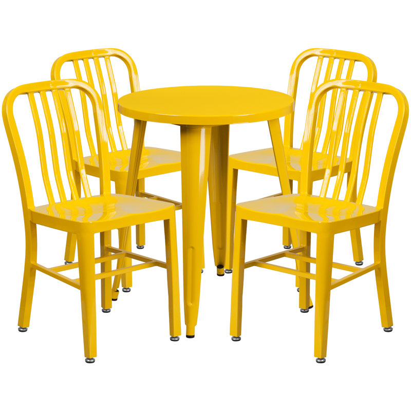 Ensemble de table ronde intérieure / extérieure en métal 24 po avec 4 chaises à dossier vertical à lattes Scotia, Jaune