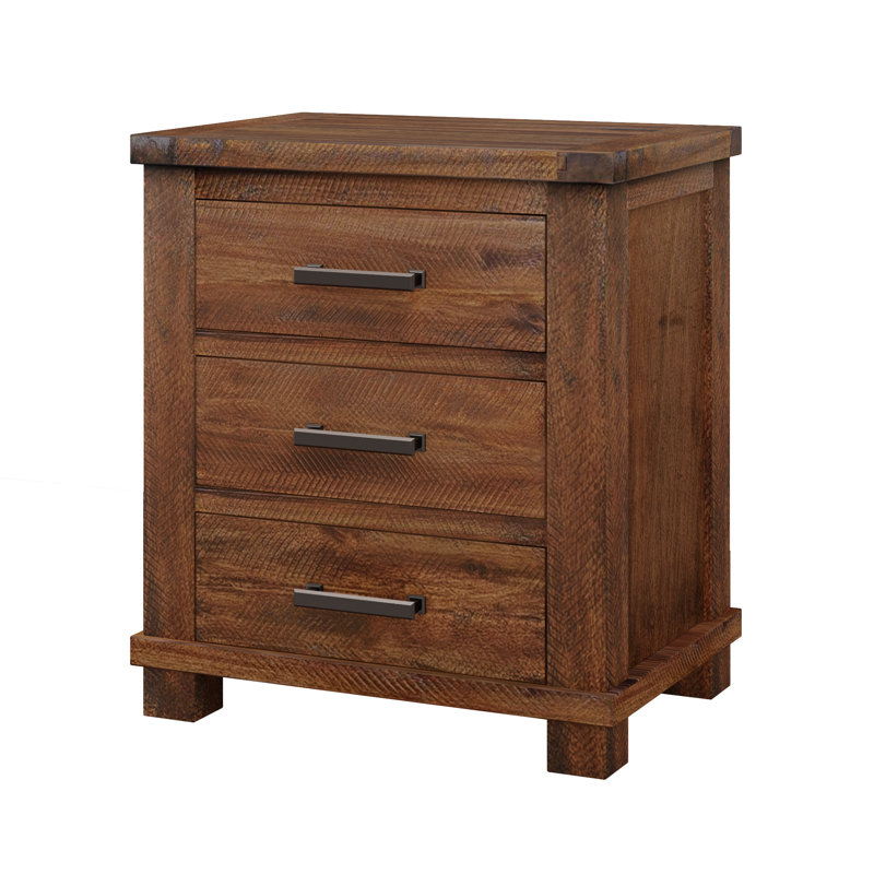 Table de chevet à trois tiroirs en bois de pin récupéré avec poignées en fer forgé