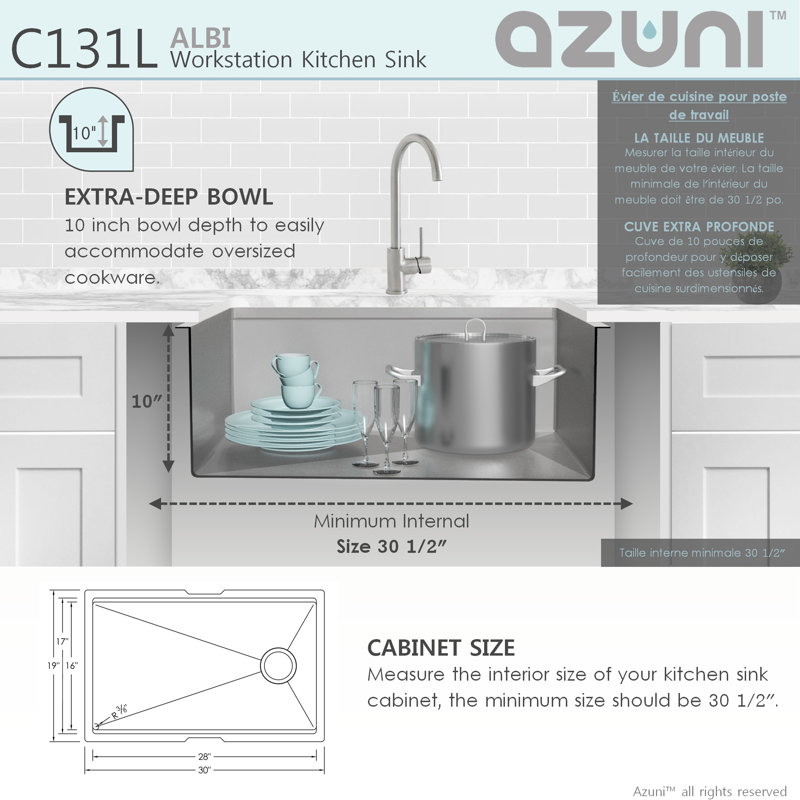 AZUNI Undermount 30 inch Stainless Steel Single Bowl Kitchen Sink