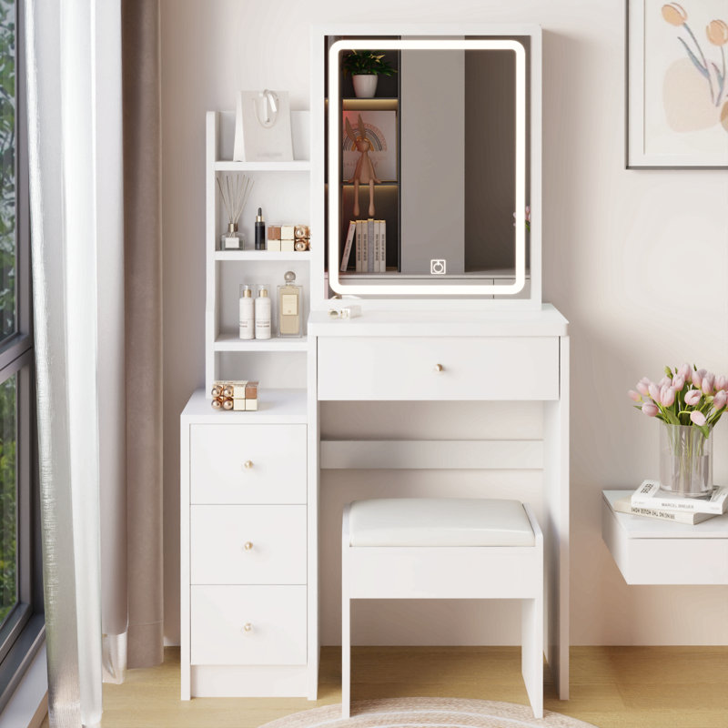 Petite coiffeuse de 29,2 po avec tabouret de chevet gauche + grand tabouret rembourré, commande tactile, interrupteur tricolore, miroir à luminosité réglable, rangement grande capacité