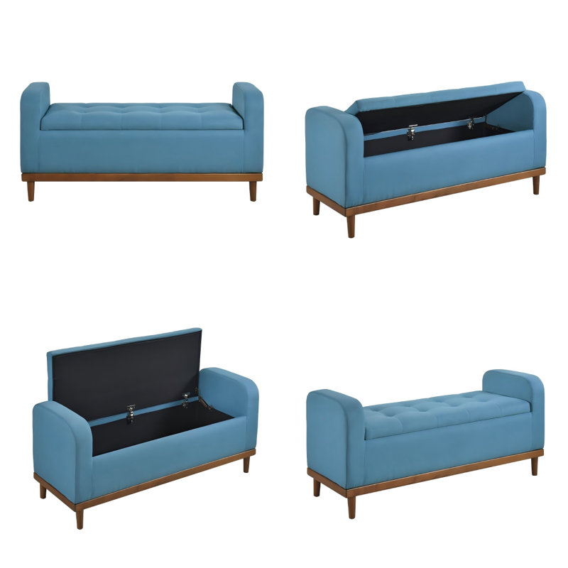 Banc de rangement rembourré Mid-Century moderne gris foncé avec cadre en noyer, L 50 po, Bleu