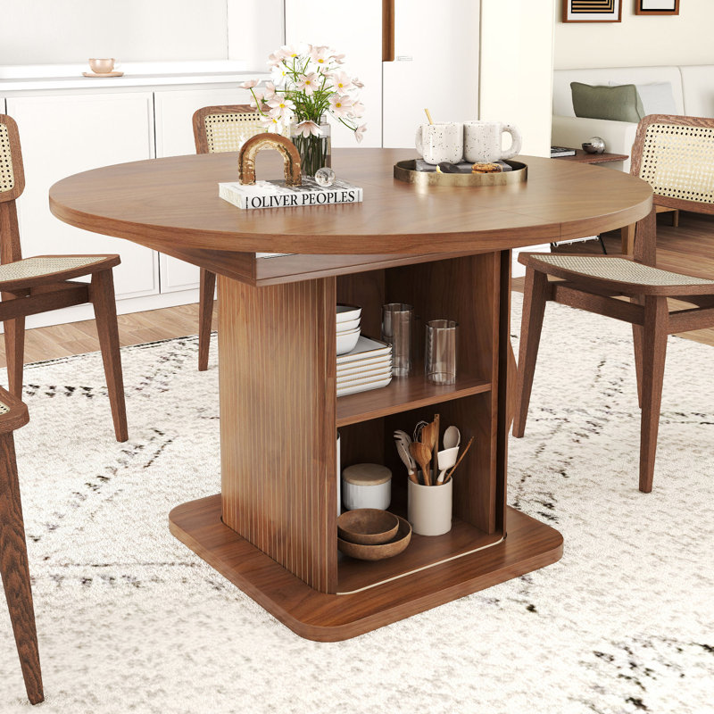 Extendable Round Dining Table For 4-6, Dining Room Kitchen Table With Storage And Slide Door, Walnut