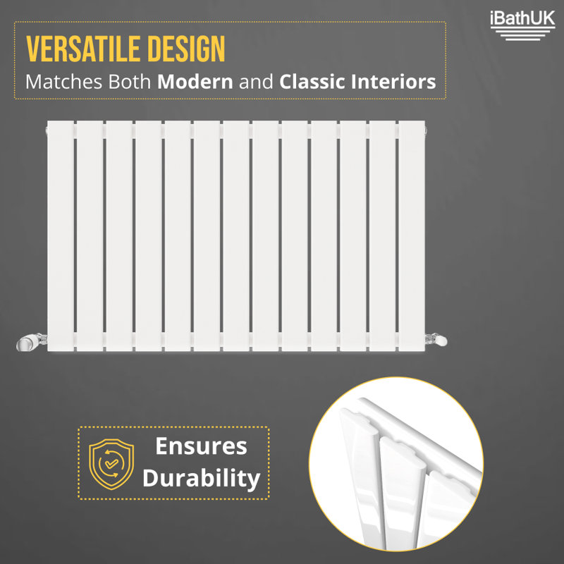 iBathUK Belgravia Horizontal Single Slim Flat Panel Radiator Angled Valve, White, 600cm H x 988cm W x 52cm D