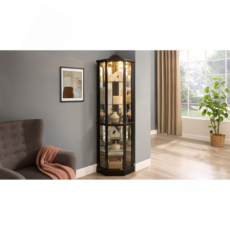 Vitrine de coin vitrée éclairée avec tablettes ajustables