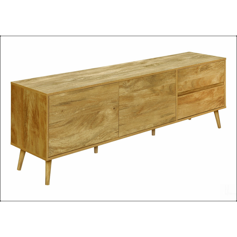 Meuble télé, console de 72 po, meuble multimédia, tiroirs de rangement, armoire de rangement, stratifié noyer, style Mid-Century