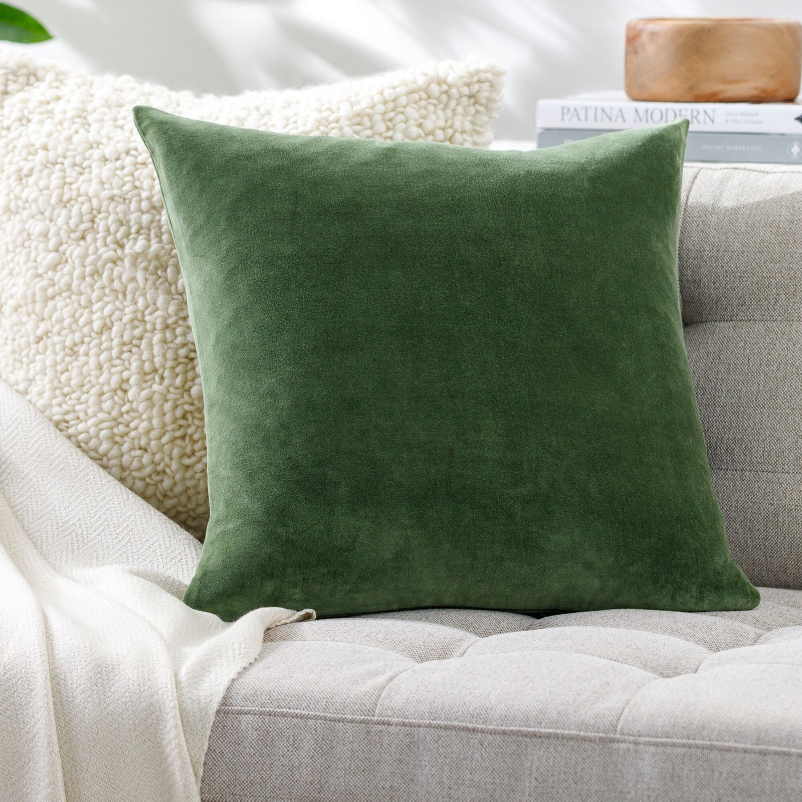 Denny Velvet Throw Pillow , Down, Green, Square 18"