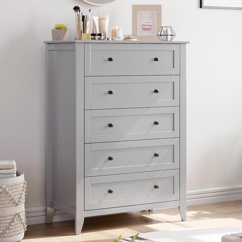 Grey 5-Drawer Wood Dresser, Storage Cabinet for Bedroom, Office, or Hallway, Gray