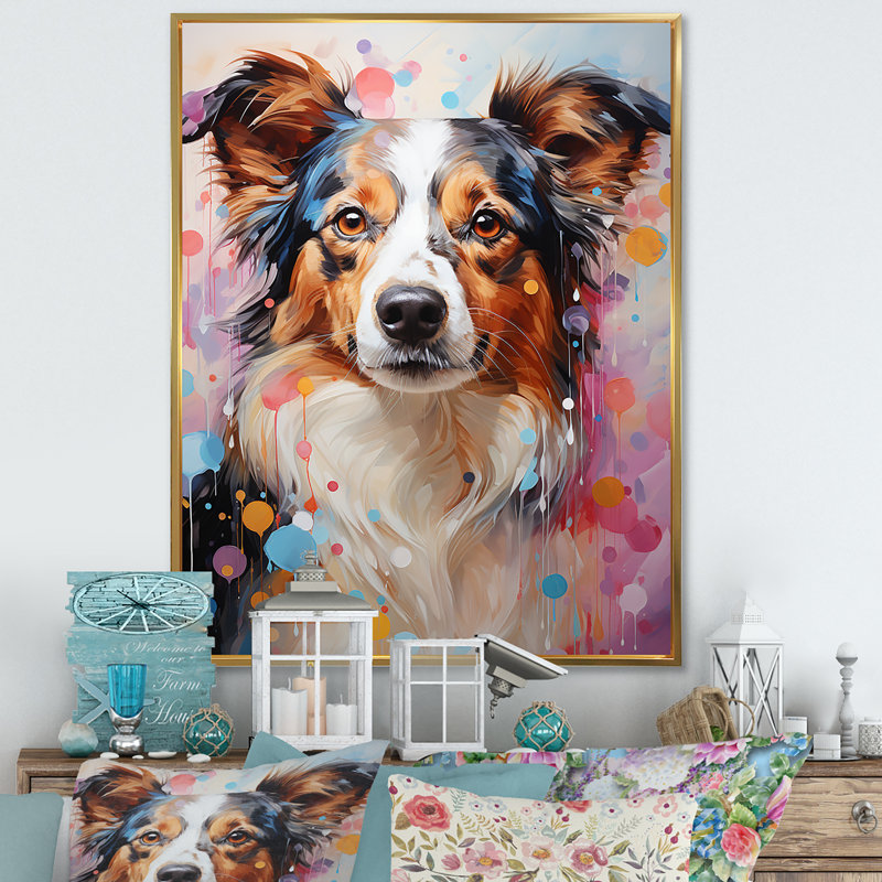 Portrait de collie ludique sur toile, Cadre flottant doré, H 20 po x l 12 po x P 1 po