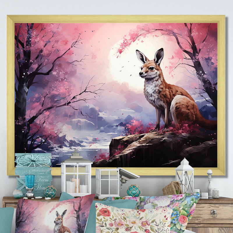 Paysage de kangourou au clair de lune sur toile, Cadre doré simple, H 12 po x l 20 po x P 1 po
