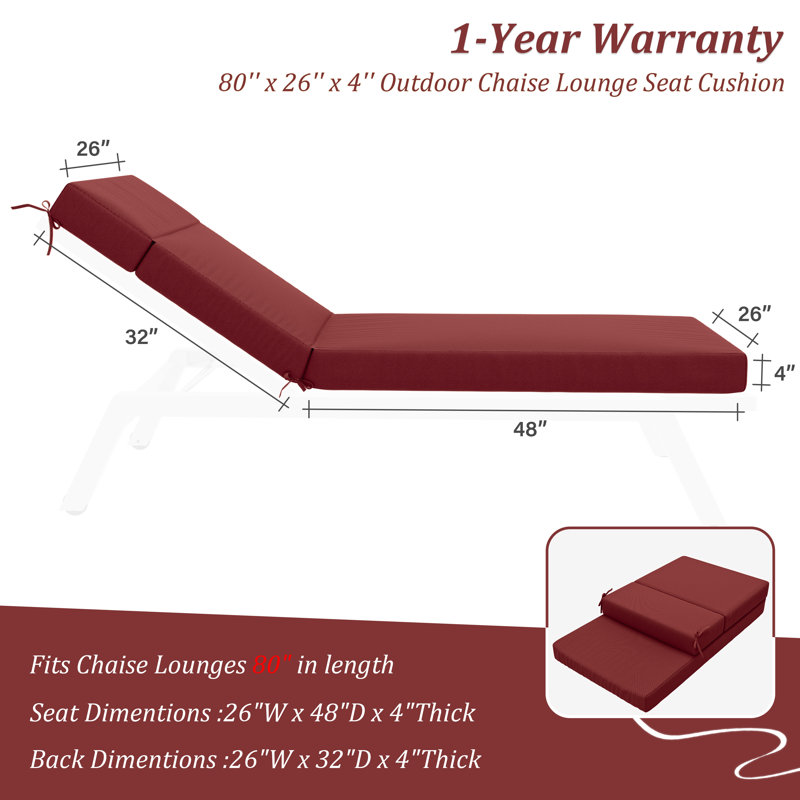 1-Piece Outdoor Chaise Lounge Chair Cushion, 80"X26"X4", Burgundy