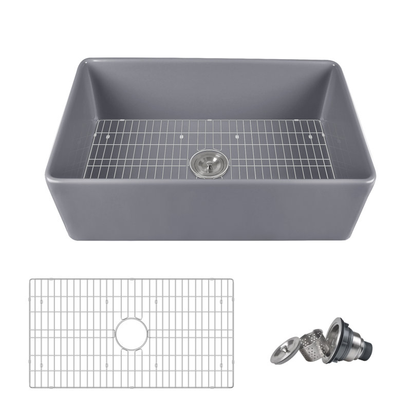Solstice 33" L x 18" W Fireclay Farmhouse Kitchen Sink with Sink Grid and Basket Strainer, Gray