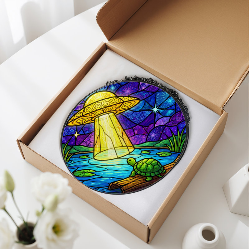 7.8"H Ufo Turtle Stained Glass Window Panel, 7.8" H x 7.8" W