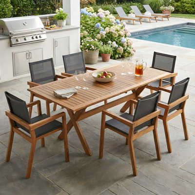 7 Pieces Acacia Wood Outdoor Dining Set, Modern 6 Chairs 1 Large Table, Weather-Resistant and Expandable for Versatile Use