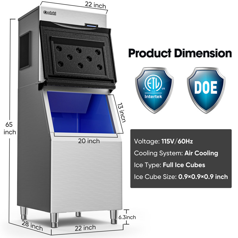 22'' Wide Commercial Ice Maker Machine 650Lbs/Day, Large Industrial Ice Machine With Storage Bin, Etl Approved, Ice Ready In 5-15 Minutes, Perfect For Restaurants And Bars, Stainless Steel