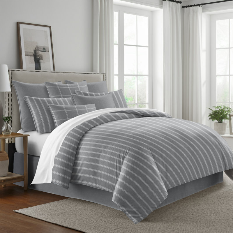 Shay Broad Ticking Stripe Gray Cotton Coverlet Set  8 Piece, California King Coverlet + 7 Additional Pieces