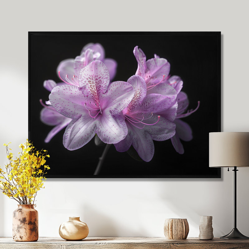 Ruchodendron mauve et noir soufflant vents - art mural rhododendron, H 24 po x l 32 po, Cadre flottant noir