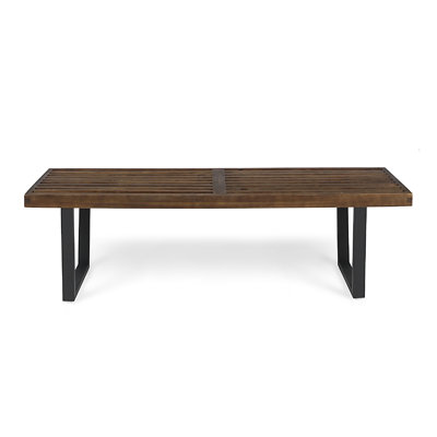 Cior Outdoor Dining Bench, 62 Inch Slatted Brown Acacia Wood, Sled Base by Benjara