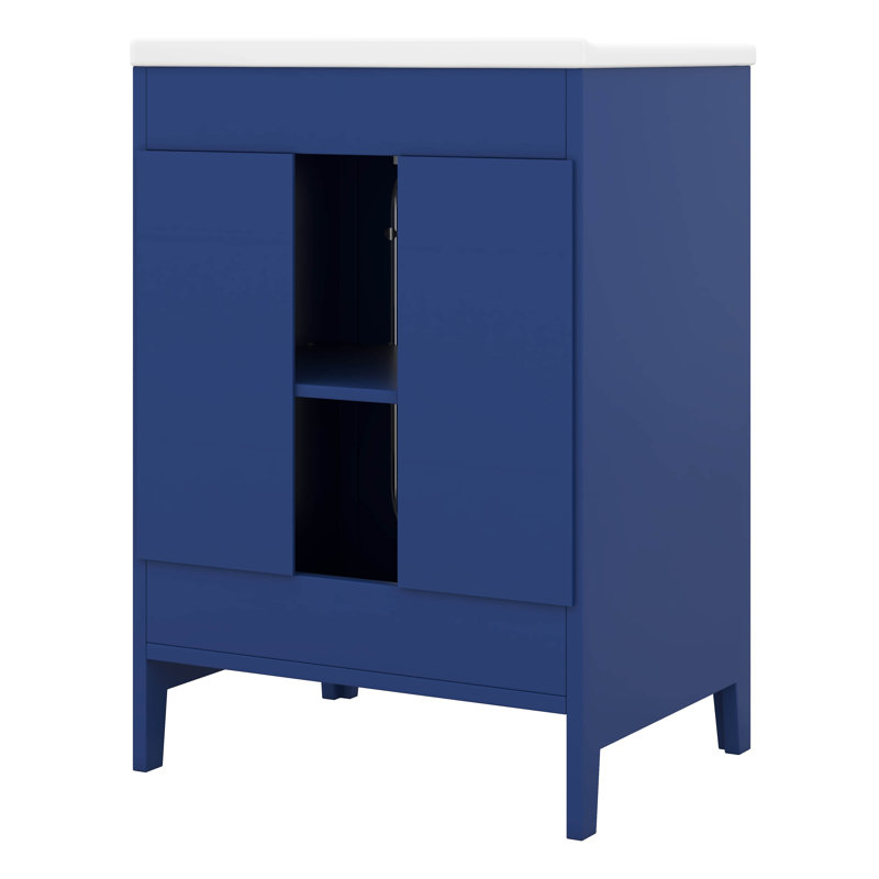 Meuble-lavabo 24 po avec lavabo en céramique, 1 porte en verre, 2 tiroirs à fermeture douce et tablette réglable, armoire de rangement en bois massif