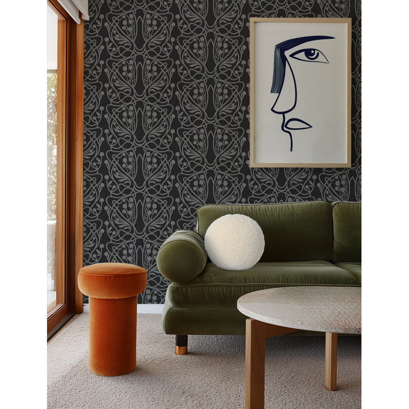 Vineyard 10' L x 25" W Wallpaper Tile, Black, Faux Grasscloth, Non-pasted