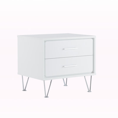 Stylish Serenity White Accent Table – Rectangular Nightstand with Dual-Compartment Drawers and Metal Legs
