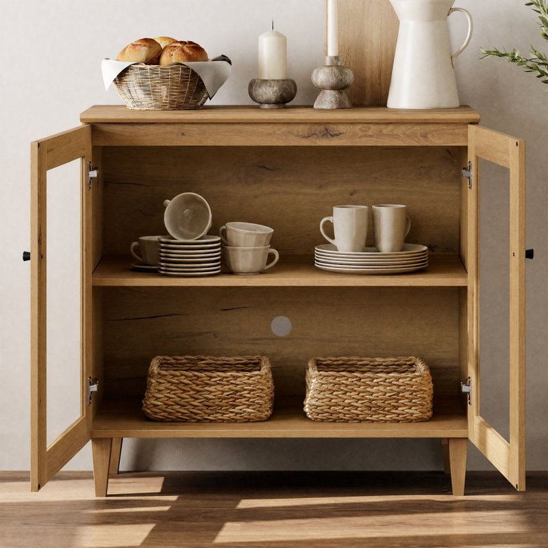 Buffet à 8 portes avec tablettes réglables et gestion des câbles pour la salle à manger Lysiane, Bois brun foncé