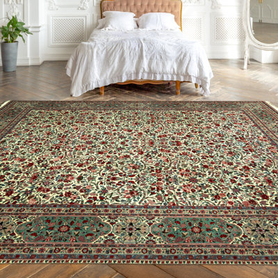 Tapis ivoire et vert noué à la main de haute qualité