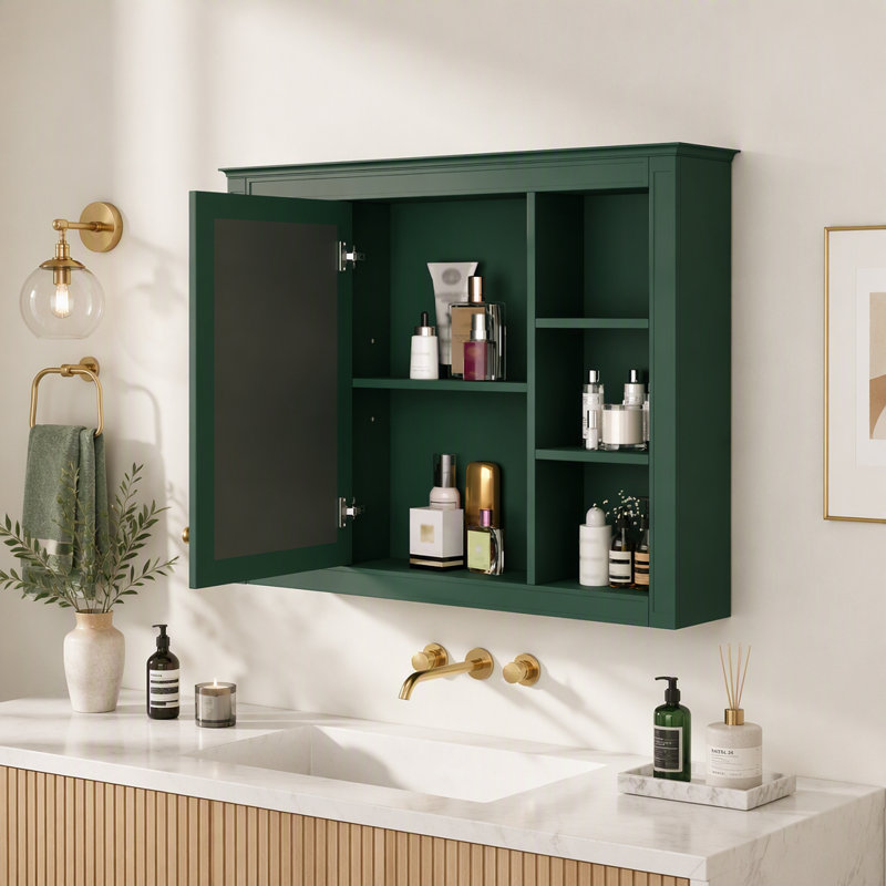 Armoire à pharmacie murale moderne avec miroir et 6 tablettes ouvertes (meuble-lavabo non inclus)., Green