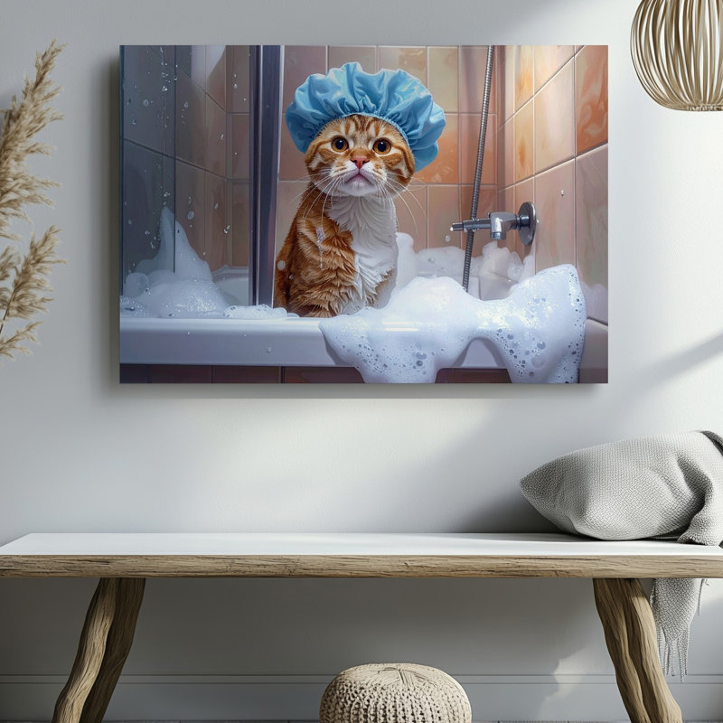 Douche de chat drôle de salle de bain avec capuchon de douche, certaines scènes, art mural sur toile prêt à accrocher