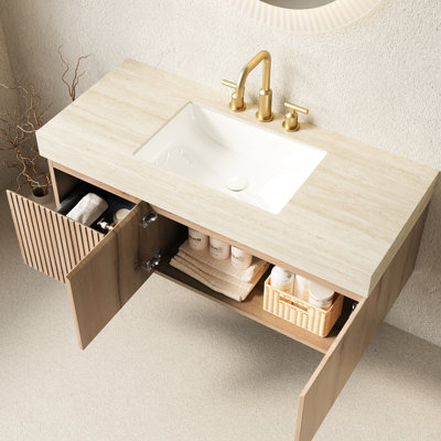 Meuble-lavabo flottant 48 po avec pierre frittée pré-assemblée 48 po, lavabo en céramique, tiroir, portes, comptoir en pierre facile à installer, lavabo, contreplaqué 2 1