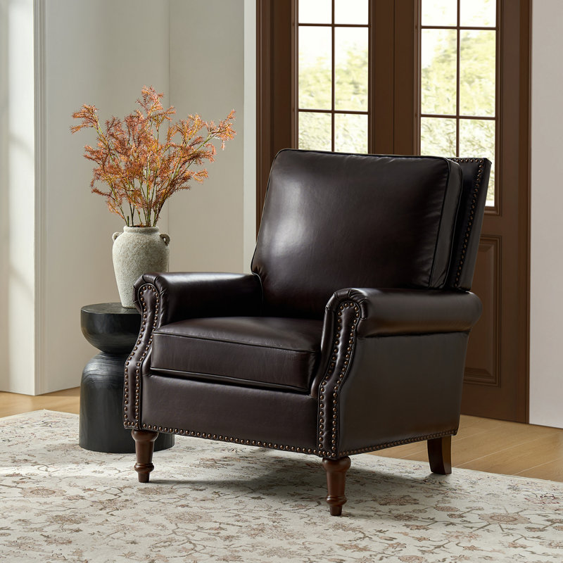 Chaise d'appoint en cuir véritable de style Mid-Century avec pieds en bois massif Wajeeh, Cuir véritable espresso
