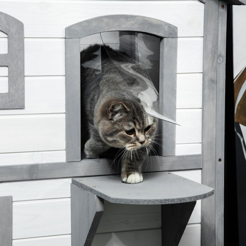 Villa d'extérieur pour chat - Enclos en bois de 2 étages avec trappe d'évacuation pour chats, toit ouvrable, plateformes de saut, trappe d'abri blanc, toit ouvert et