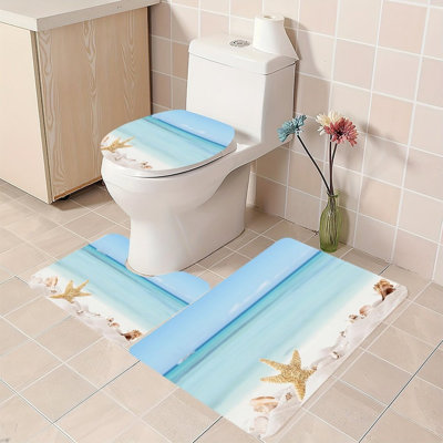 3 Pack Turquoise Beach Starfish Shell Shower Rug Set for Coastal Bathroom Decor