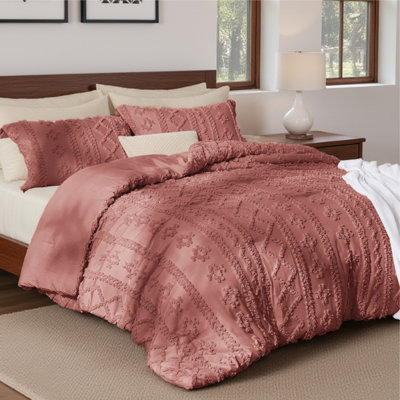 Bedsure Tufted Boho Queen Comforter Set – 3-Piece Greyish Pink Shabby Bedding，Farmhouse Jacquard Bed Set with Embroidery, All-Season Softness for Cozy Bedrooms & Boho-Chic Gifts