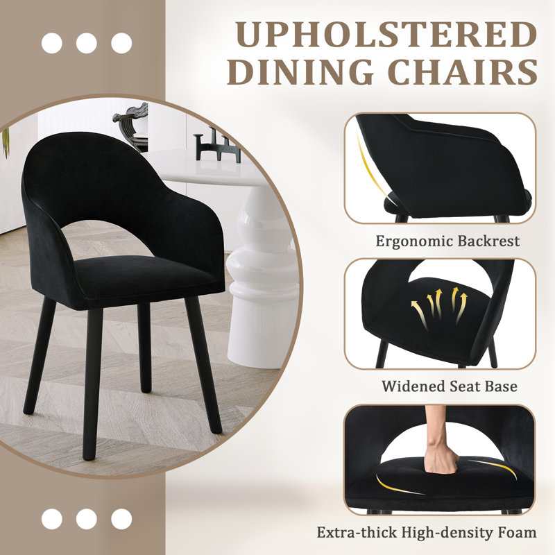 49.5cm H Luxury Fabric Upholstered Dining Chair with Wooden Legs, Black Velvet/Black, 4