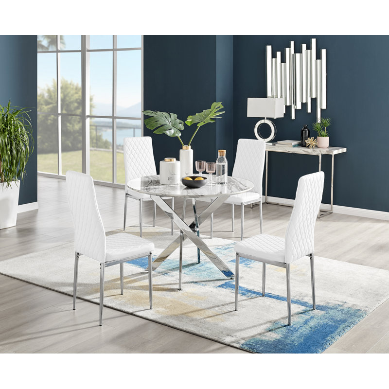 Eubanks 4 - Person Dining Set, White, Grey Marble