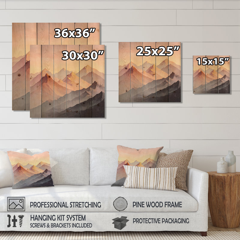 Golden Light On The Rose Crystal Peaks II - Landscape Mountains Wood Wall Art - On Natural Pine Wood, 30" H x 30" W x 0.78" D