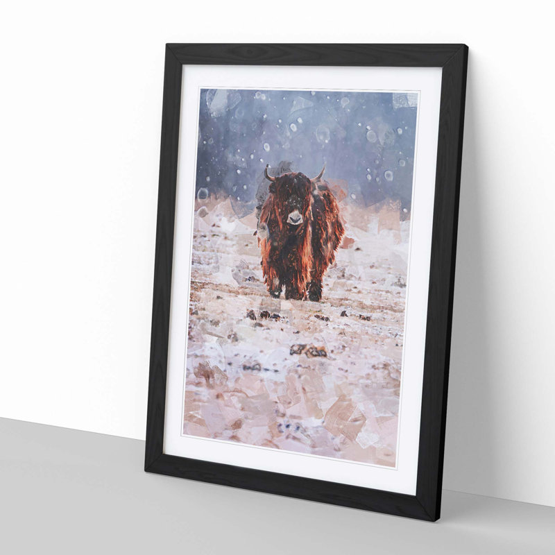 Lone Cow at Winter in Abstract - Picture Frame Graphic Art Print, 76cm H x 50cm W x 2cm D, Black