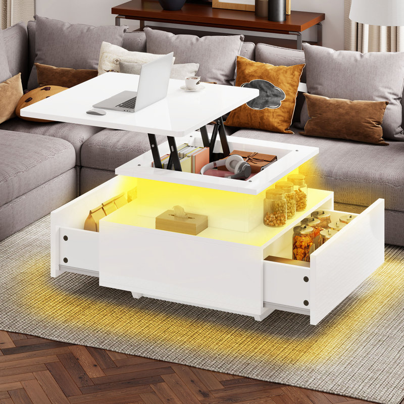Lift Top Block Coffee Table with Storage, White