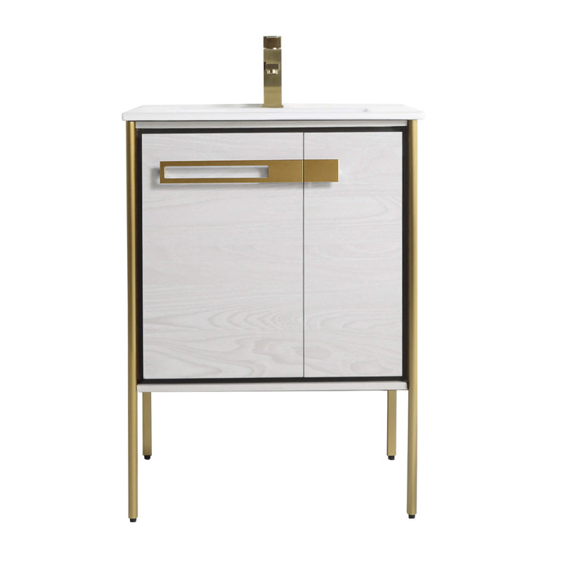 24" Single Bathroom Vanity, Satin Brass, Mild Gray Oak